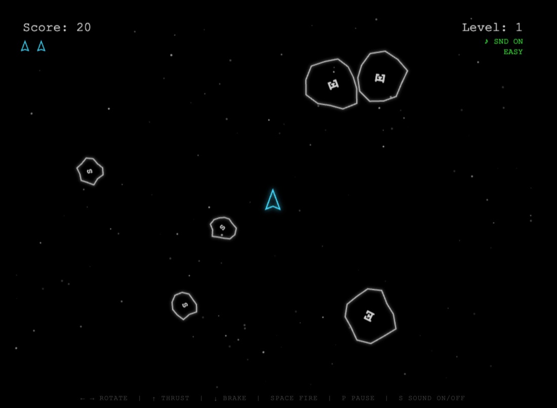 Epic Asteroids screenshot showing a contained, manageable asteroid field on Easy difficulty