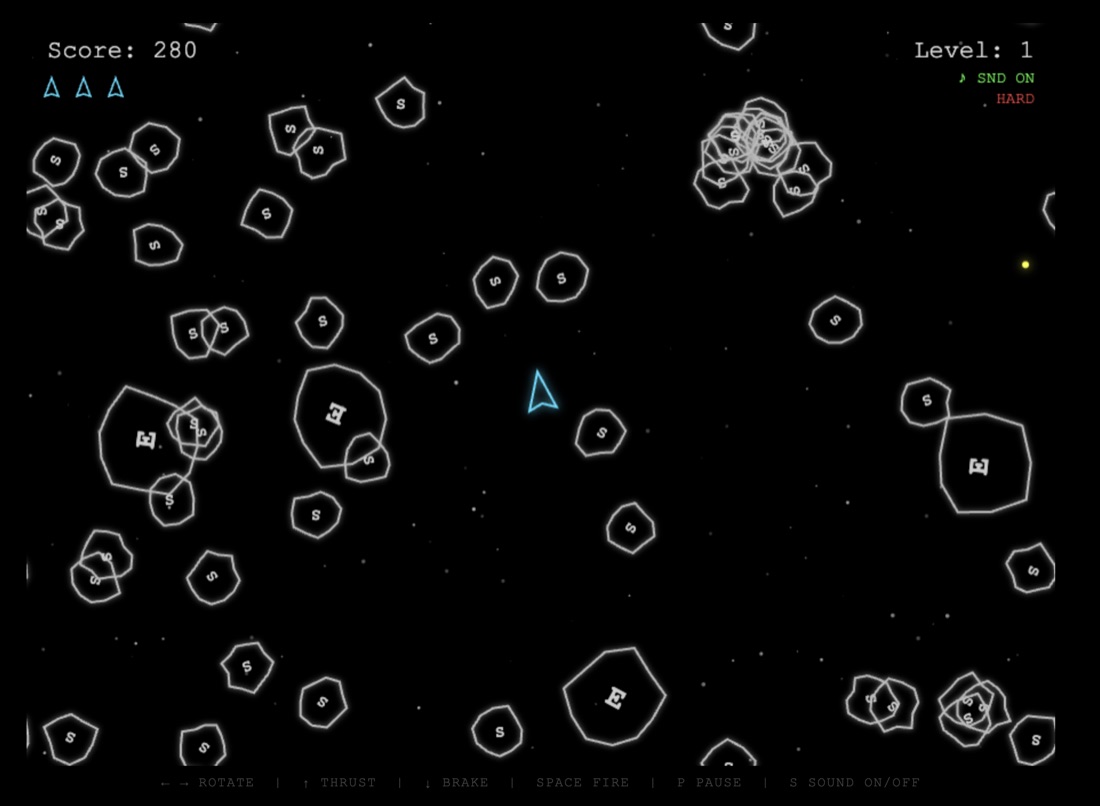 Epic Asteroids screenshot showing a chaotic, overlapping asteroid field on Hard difficulty