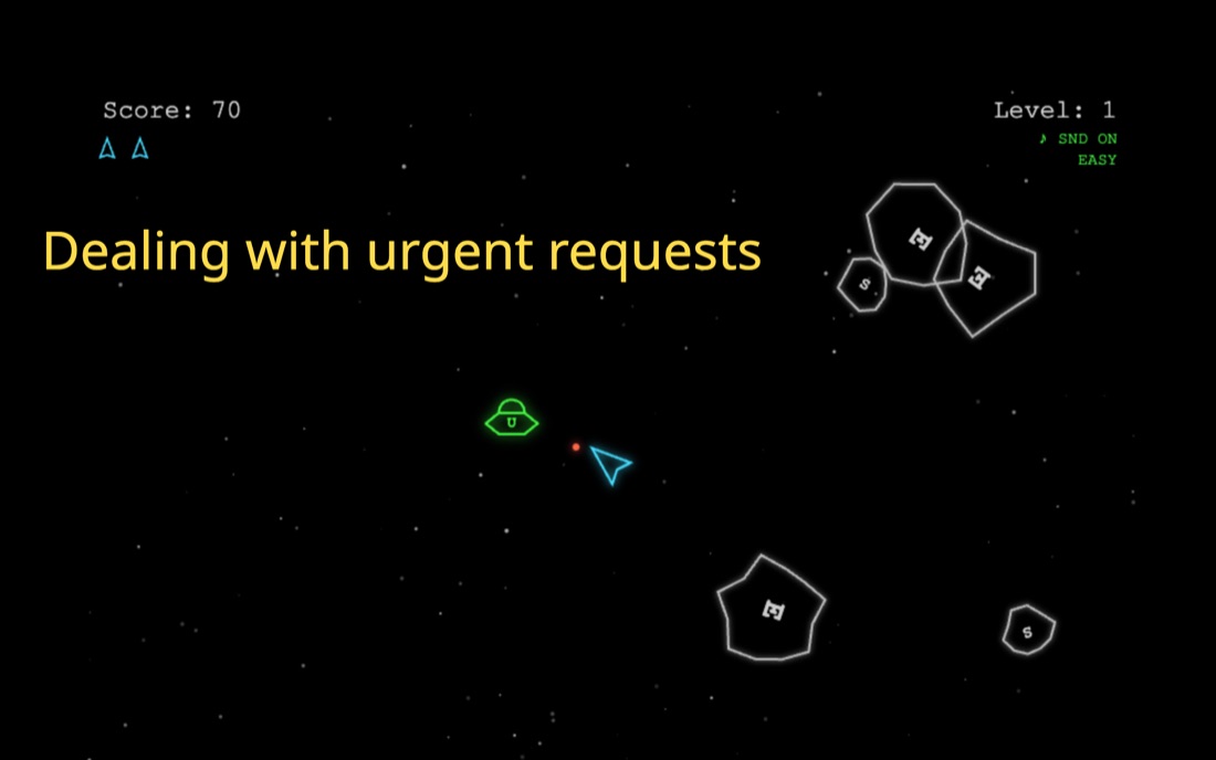 Epic Asteroids screenshot with a green UFO representing an urgent request interrupting the player
