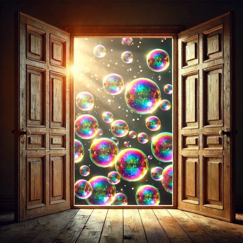 A door opening onto a field of glowing, rainbow-coloured bubbles — opening the most helpful doors of perspective