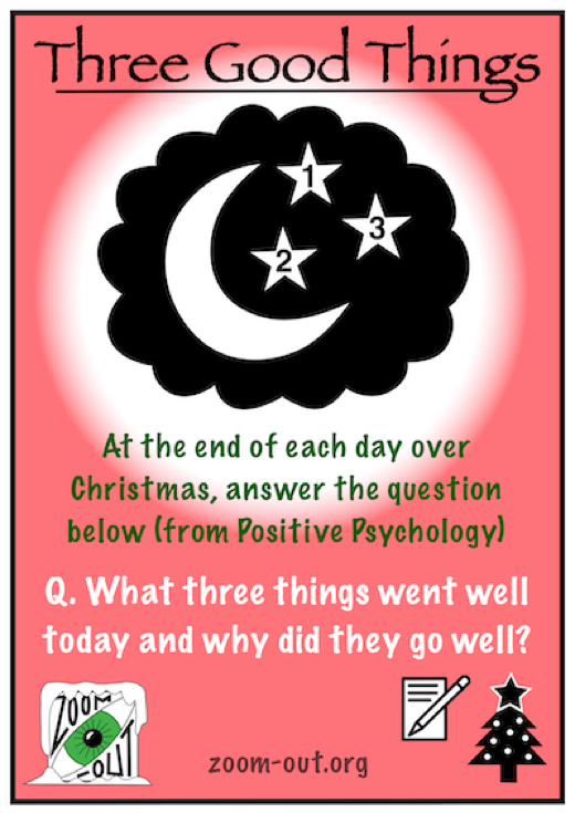Three Good Things card — at the end of each day over Christmas, answer: what three things went well today and why?
